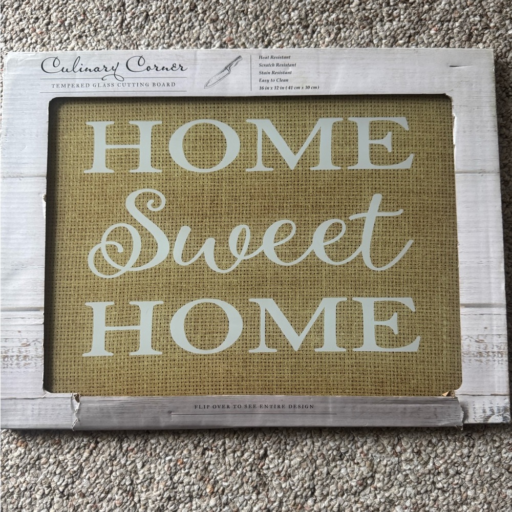 NEW Cutting Board Kitchen Tool Home Sweet Home Tempered Glass White Tan Decor